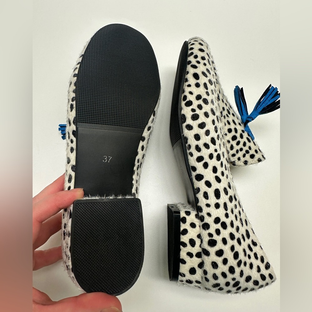 Black and White Polka Dot Loafers with Blue Tassels - Picture 3 of 4